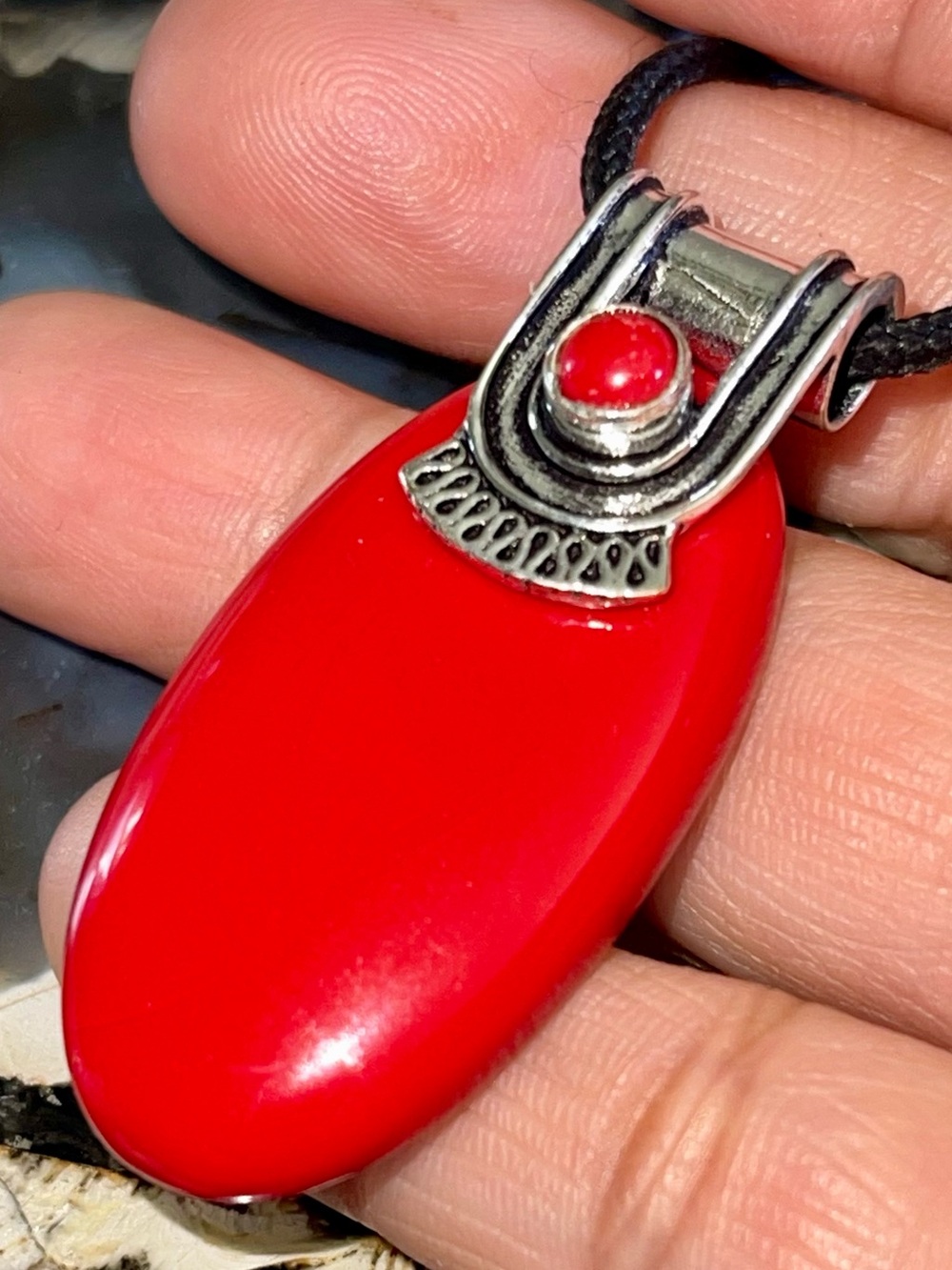 Oval Red Coral Pendant 2”